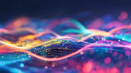Poster - Bright, colorful digital waves flowing with sparkling particles, creating a dynamic and futuristic visual effect.