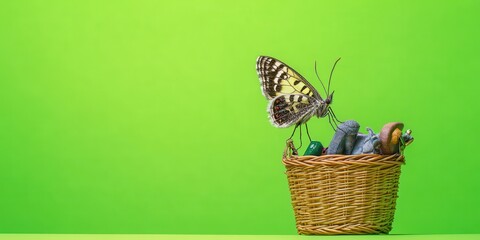 Poster - A Delicate Moth Perched on a Miniature Bicycle Basket Surrounded by Colorful Objects Against a Vibrant Green Background