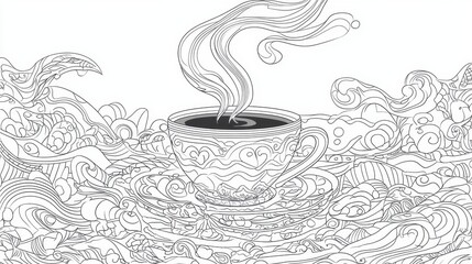 Poster - Simple yet detailed line art of a coffee cup with steam rising, beautifully outlined on white