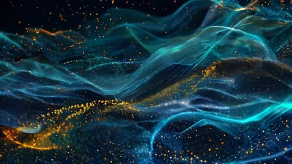 Poster - Dynamic digital waves in blue and gold with sparkling particles, creating a futuristic, abstract representation of data flow.