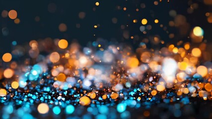 Poster - Close-up of blue and gold glitter particles sparkling against a dark background, creating a festive and magical effect.