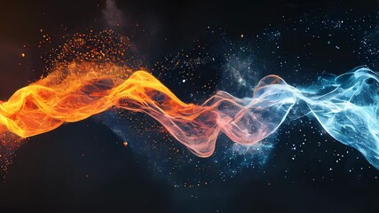 Poster - Abstract waves of orange and blue smoke particles on a dark background, symbolizing contrast, energy, and movement.