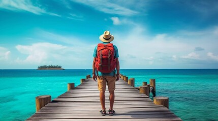 A traveler stands on a pier, gazing at the ocean and a distant island under a blue sky.