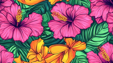  Vibrant seamless pattern featuring tropical hibiscus flowers and banana leaves perfect for fabric design and home decor