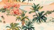 © NeuralNiche - Seamless vintage Hawaiian barkcloth pattern featuring tropical island scenes on a soft pink background textile design