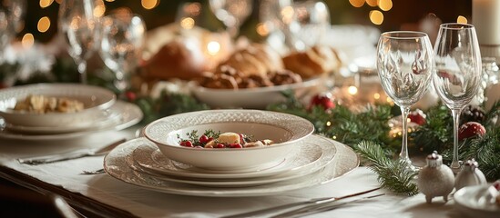 A beautifully set table with white dishes, a bowl of food, and two glasses of wine. The table is decorated with a garland of evergreen branches, red berries, and white lights.