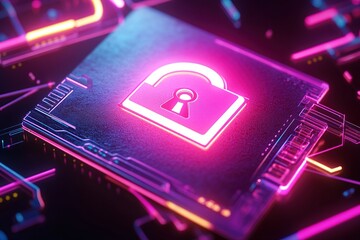 Wall Mural - A glowing pink padlock icon on a futuristic tech background, symbolizing cybersecurity and digital protection.