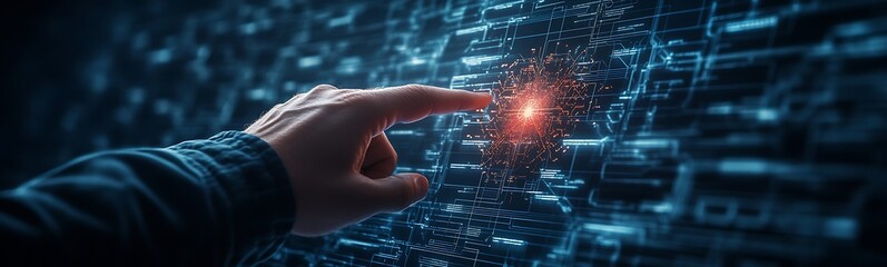 Leinwandbilder - A hand reaching towards a glowing point in a digital matrix, symbolizing interaction with technology and data.