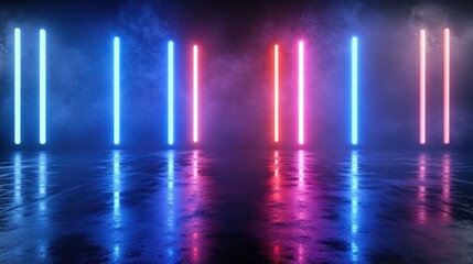 Poster - 3D rendering of an empty background scene with the dark reflection of a street on wet asphalt featuring rays of blue and red neon light neon figures and smoke creating an abstract dark background 
