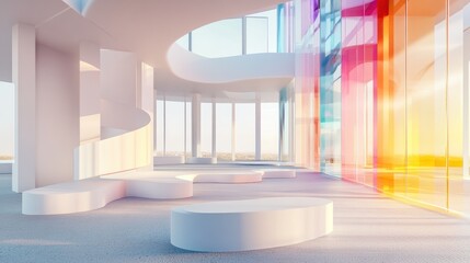 Poster - 3D rendering of an abstract interior featuring white and colored gradient glass elements with windows
