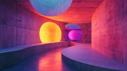 Poster - 3D rendering of an abstract concrete interior featuring discs with colored gradient neon lighting
