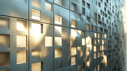 Poster - 3D rendering of a metal sheath wall featuring windows enhancing the building s decorative structure with light illuminating the interior design focusing on selective elements
