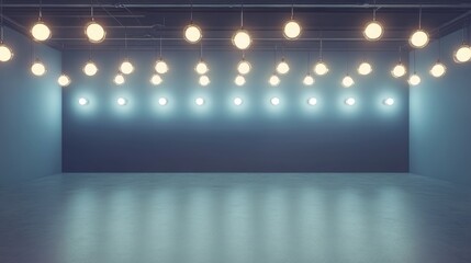 Poster - 3D rendering of an empty showroom with illuminated light bulbs