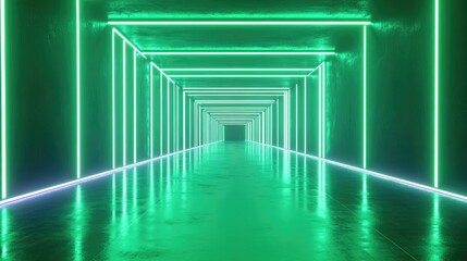 Poster - 3D rendering of a nightclub interior featuring glowing green lights for a laser show Abstract fluorescent green background with illuminated green lines Futuristic design in a neon corridor ambianc