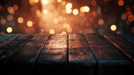 Poster - 3D rendering of an empty dark wooden table with an abstract blurred bokeh background ideal for showcasing or montaging products