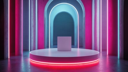 Poster - 3D rendering of a futuristic white product podium in an illuminated space with neon lighting