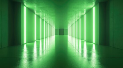Poster - Futuristic hall illuminated by green glowing light 3D rendering