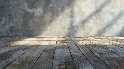 Poster - 3D rendering of an indoor scene featuring an old wooden floor and a concrete wall empty background