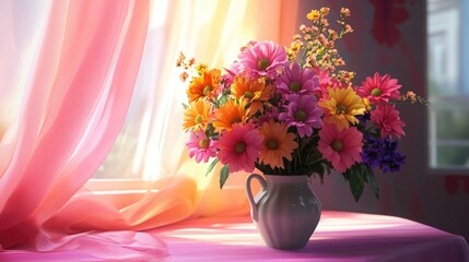 Poster - 3D rendering of a vase filled with vibrant flowers on a table