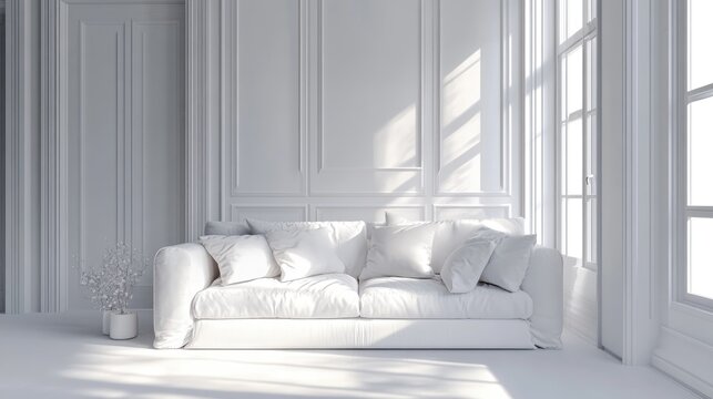 Scandinavian interior design featuring a sofa in a white living room 3D rendering