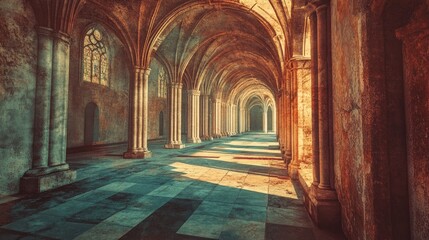 Poster - 3D rendering of cathedral cloisters with a grunge retro effect treatment