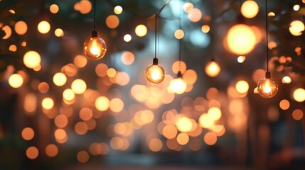 Poster - 3D rendering of blurred reflective hanging lights against a festival bokeh background