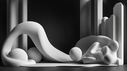 Poster - Dynamic abstract interior featuring smooth white objects against a black backdrop 3D rendering and illustration