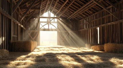 Poster - 3D rendering of a hay barn interior with sunlight filtering through wood