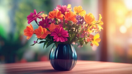 Poster - 3D rendering of a vase filled with vibrant flowers on a table