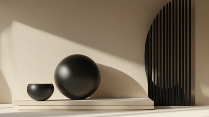 Poster - Dynamic abstract interior featuring smooth black objects 3D rendering and illustration