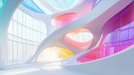 Poster - 3D rendering of an abstract multilevel public space featuring white and colored gradient glass interiors with windows