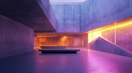 Poster - 3D rendering of an abstract architectural concrete interior featuring a minimalist design and vibrant neon lighting
