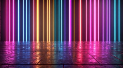 Fototapete - 3D rendering of neon rays against a dark metallic backdrop
