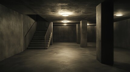 Poster - Empty interior of a dark basement with concrete walls featuring a 3D rendering of architectural elements