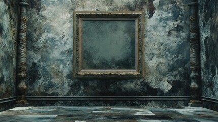 Poster - 3D rendering of an antique vintage classic Baroque style empty photo painting frame in a grunge and retro background suitable for home interior and garden furniture made from wood and metal