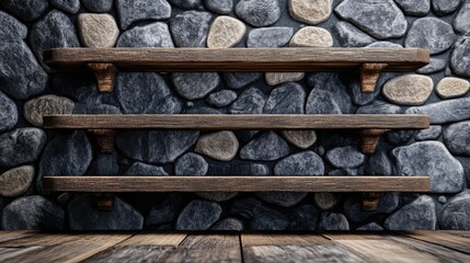 Poster - Empty wooden shelves with a stone wall background in a 3D rendering for product display