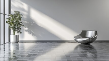 Poster - 3D rendering of a modern interior featuring a grey geometric tile floor where sleek silver squares form a clean reflective backdrop blending industrial chic with creative design