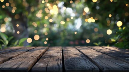  - 3D rendering of an empty wooden brown table with a blurred garden bokeh background ideal for product display or business presentations