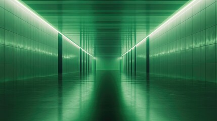 Poster - Futuristic hall illuminated by green glowing light 3D rendering