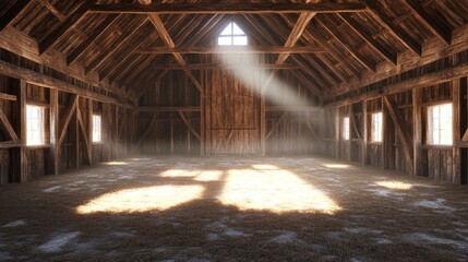 Poster - 3D rendering of a hay barn interior with sunlight filtering through wood