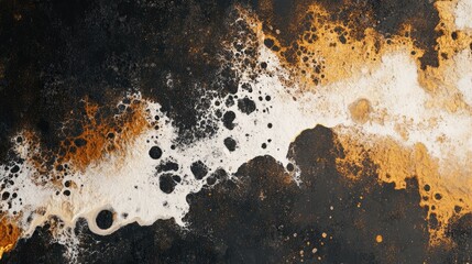 Poster - 3D rendering of a rustic background featuring contrast corrosion oxide with white and gold spots tie dye fluid effects and rustic heavy rust pigment on an iron grunge wall