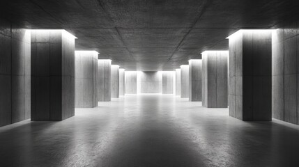 Poster - 3D rendering of an empty dark abstract concrete room interior with an architectural background and night view of the illumination