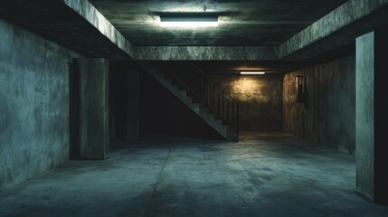 Poster - Empty interior of a dark basement with concrete walls featuring a 3D rendering of architectural elements