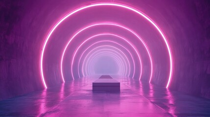 Poster - Abstract Minimal Tunnel Featuring Layers of Neon Lights with a Platform for Product Placement 3D Rendering of an Extraordinary Deep Grey High Resolution Background