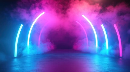 Poster - 3D rendering of an empty stage with an abstract background in blue pink and purple neon hues The scene features rays of searchlights illuminating a dark futuristic tunnel or corridor enhanced by s