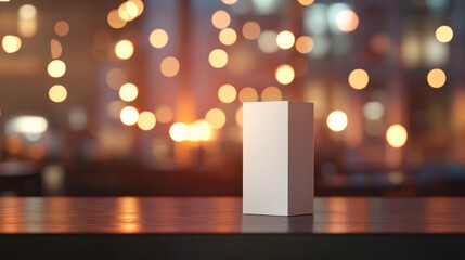 Poster - 3D rendering of an advertising product presentation mockup with a blurred bokeh background featuring restaurant lights