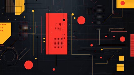 Poster - Abstract Geometric Pattern with Red, Yellow, and Black Elements on a Dark Background, Representing Modern Technology and Digital Design Aesthetics