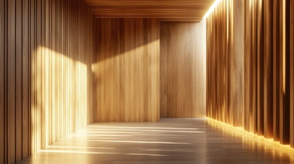 Poster - 3D rendering of a wooden wall interior design featuring plywood materials