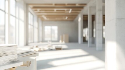 Poster - 3D rendering of a blurred focus on the interior work in a modern office under construction
