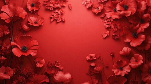 3D rendering of a red floral wallpaper background